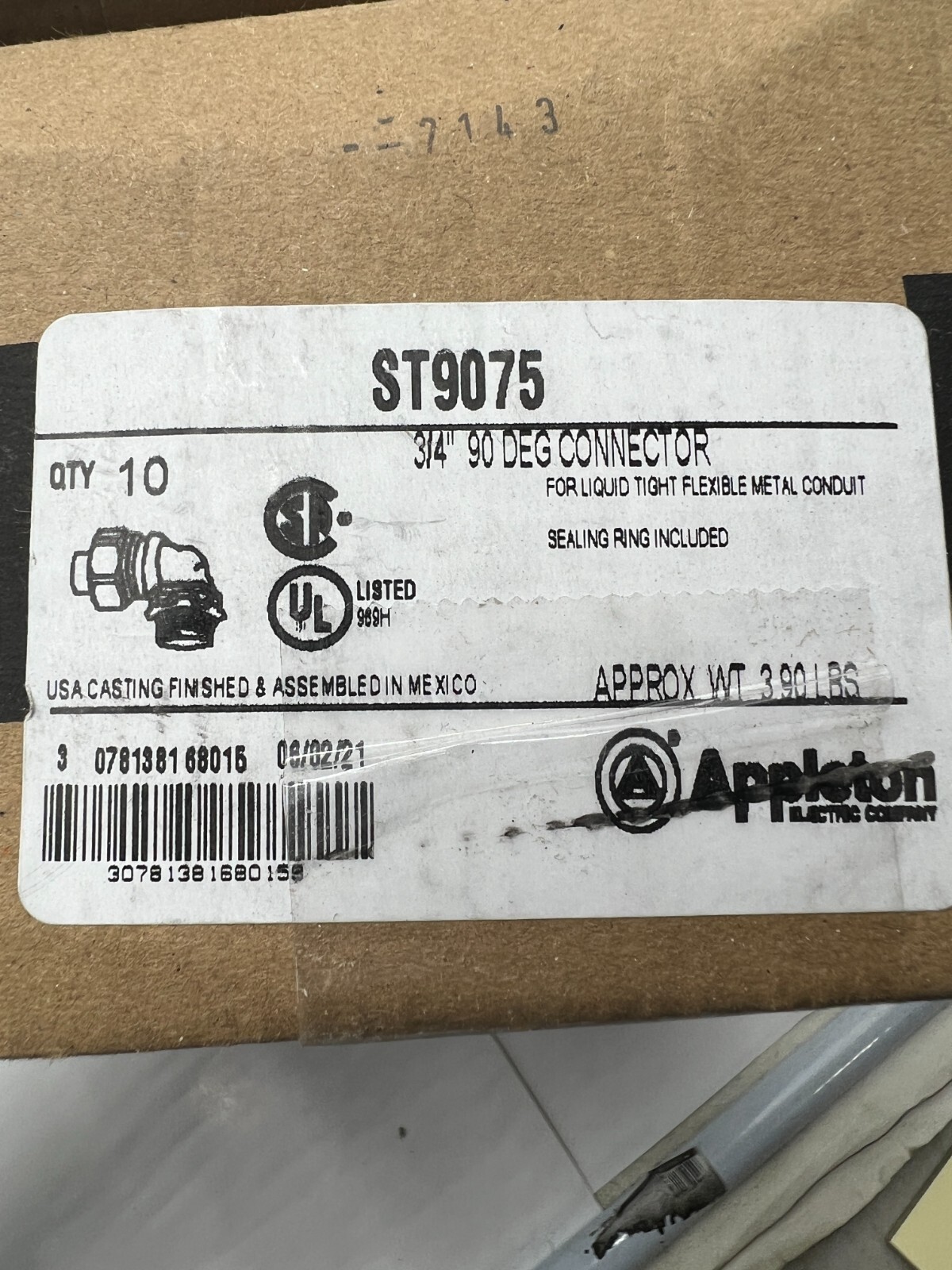 (QTY 10) Appleton ST9075 Liquidtight 3/4″ Flexible Connector 90 Degree Mall Iron