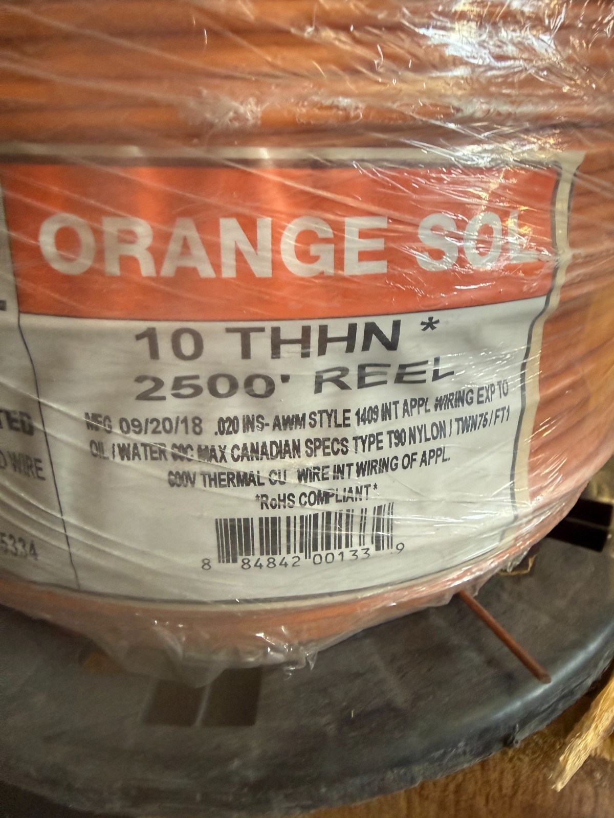 Republic Wire 10 THHN 2500′ REEL ORANGE SOLID Wire Spool E167614 BRAND NEW