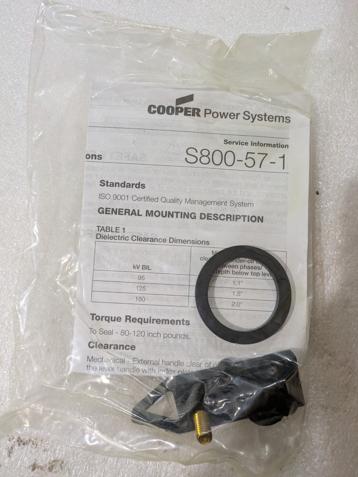 Eaton Cooper Power S800-57-1 2237947A162H Tap Changer Switch Hardware Kit 1/orde