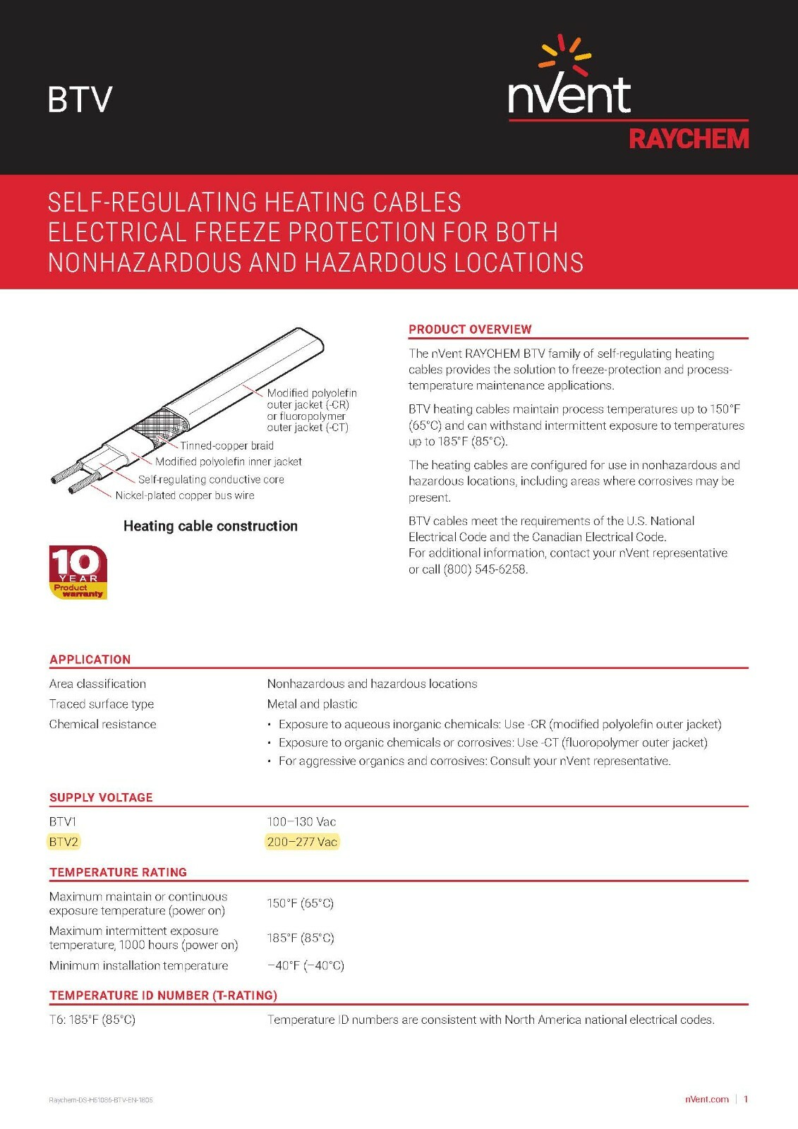 nVent Raychem 3BTV2-CT Self-Regulating Heating Cable 3 Watts/Ft 200-277V /1ft