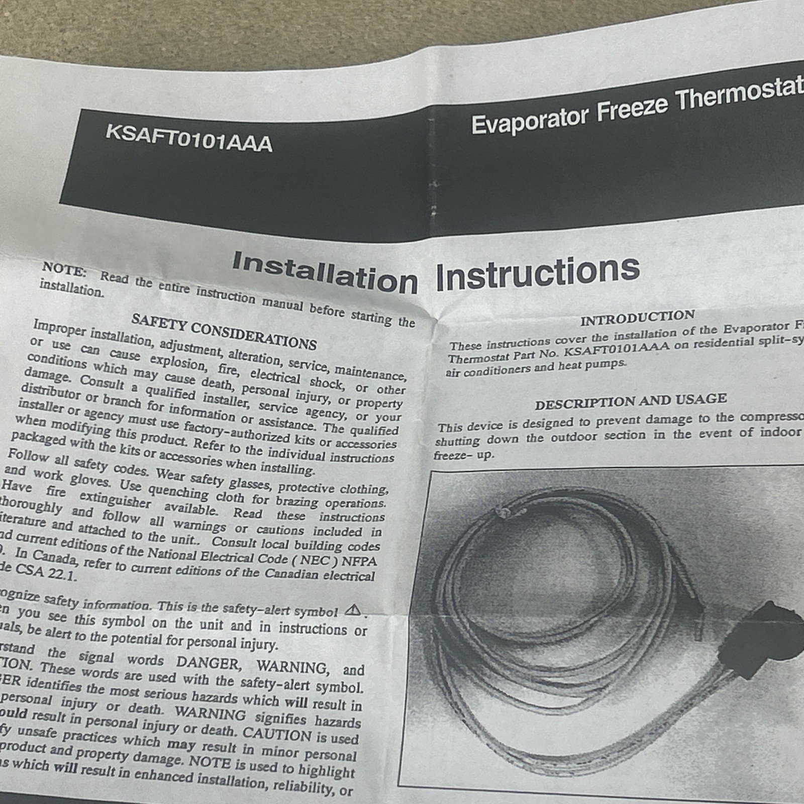 Carrier / Bryant KSAFT0101AAA Evaporator Freeze Thermostat (NEW)