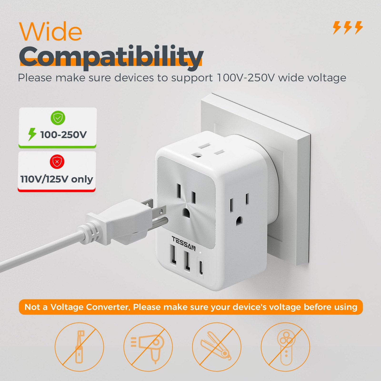 TESSAN US to India Plug Adapter 2 Pack Type D Travel Adapter 4 Outlets
