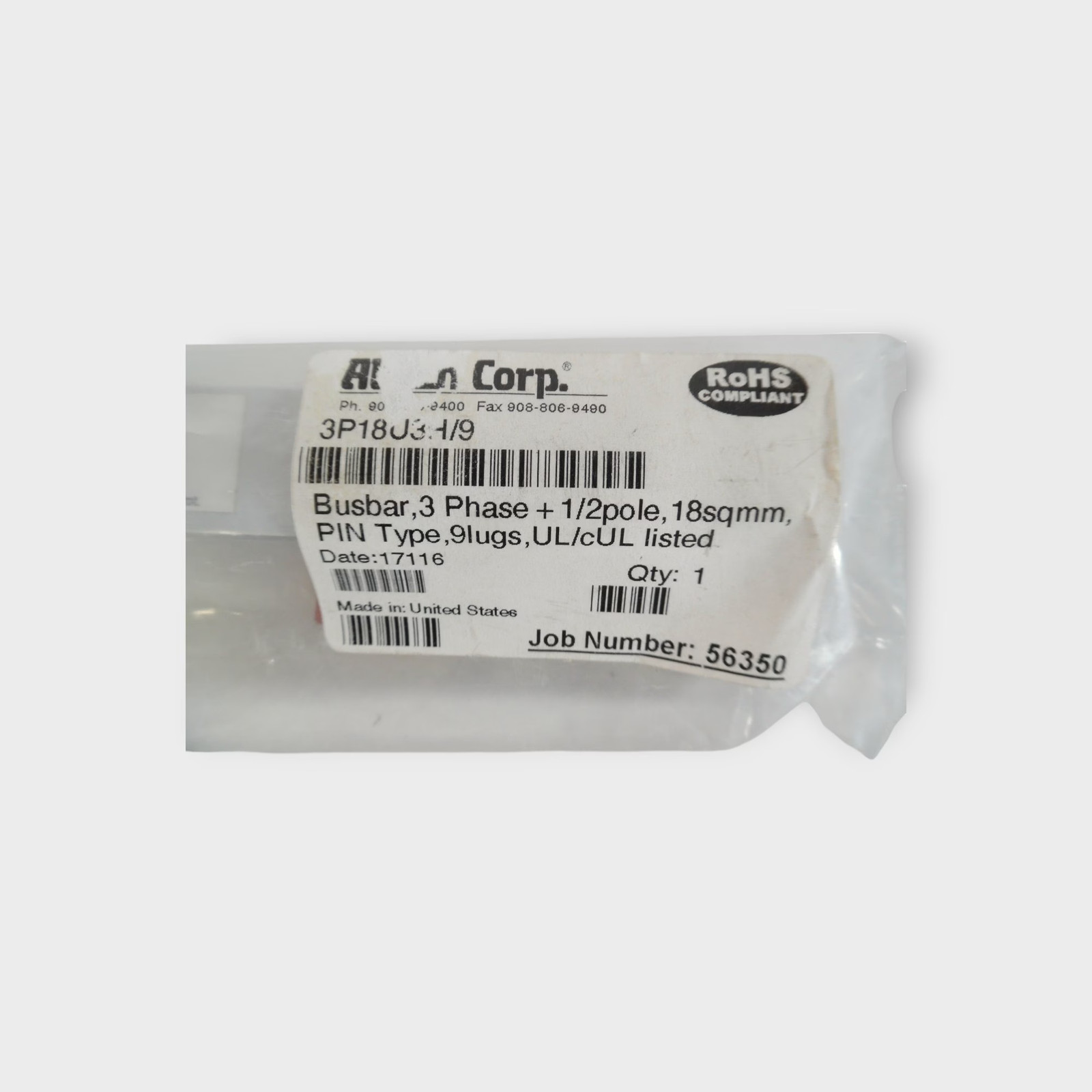 Altech Corp 3P18U3H/9 – Busbar 3 Phase + 1/2 Pole – 480V 80A – 9 Lug – NEW
