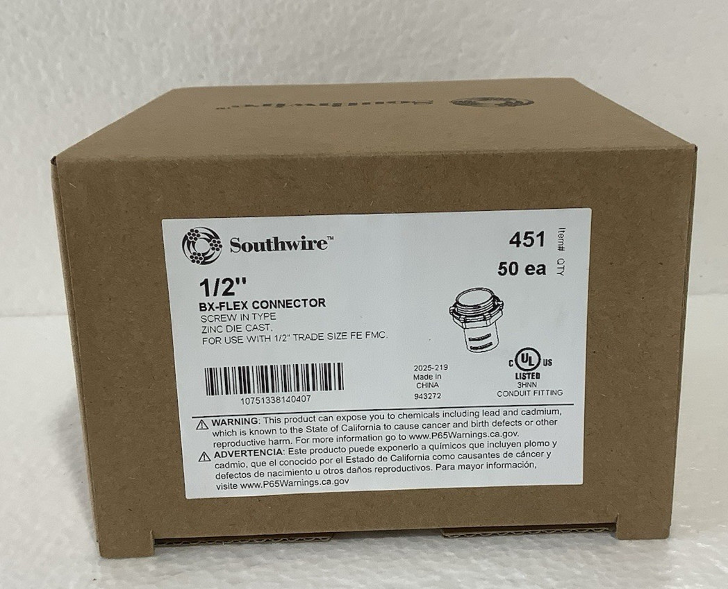 100 qty Southwire 451 1/2″ Die-Cast BX-Flex Connector Screw In Type