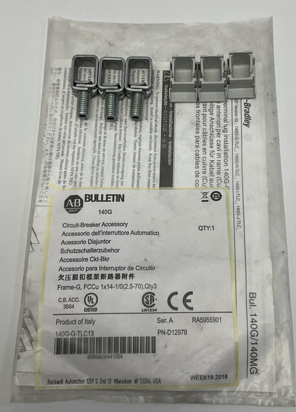 Allen Bradley 140G-G-TLC13 Circuit Breaker Accessory Lug Kit (Pack of 3)