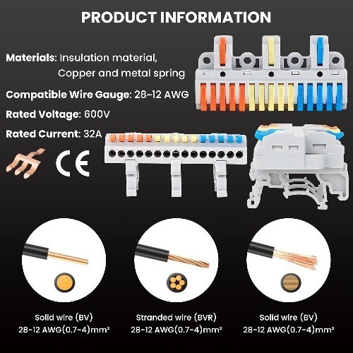 DIN Rail Terminal Blocks 600V 32A Electrical Connectors 28 12AWG 3 in 15 Out
