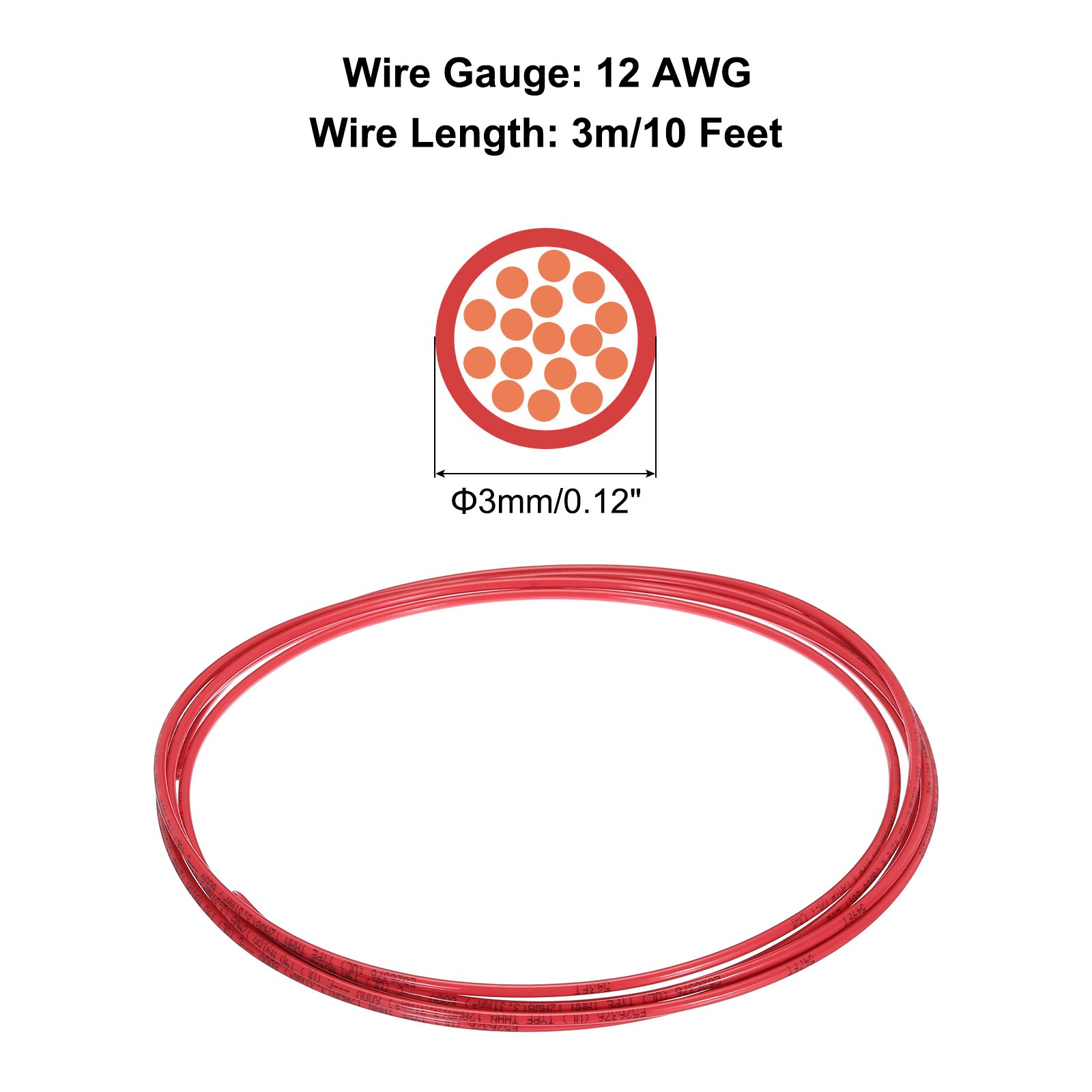 10 Feet 12 AWG Gauge THHN Stranded Red Copper Building Wire 600V