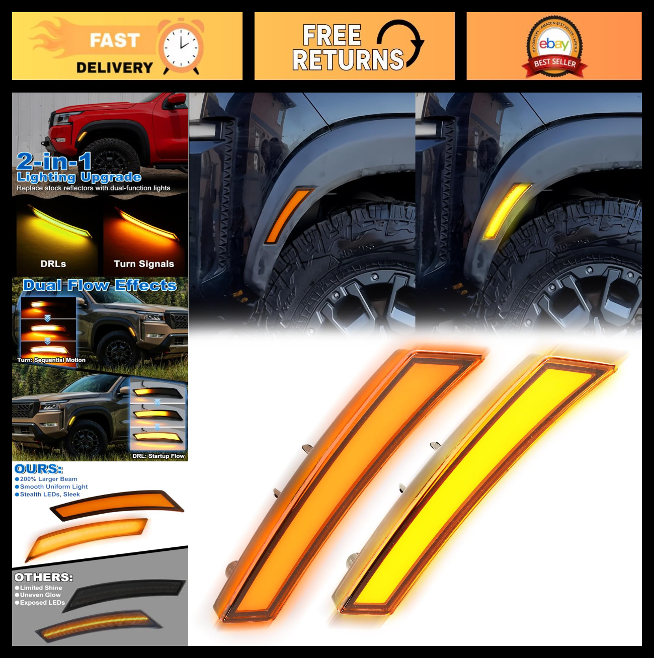 LED Side Marker Lights for Nissan Frontier 2022-2025, Sequential Turn Signal NEW