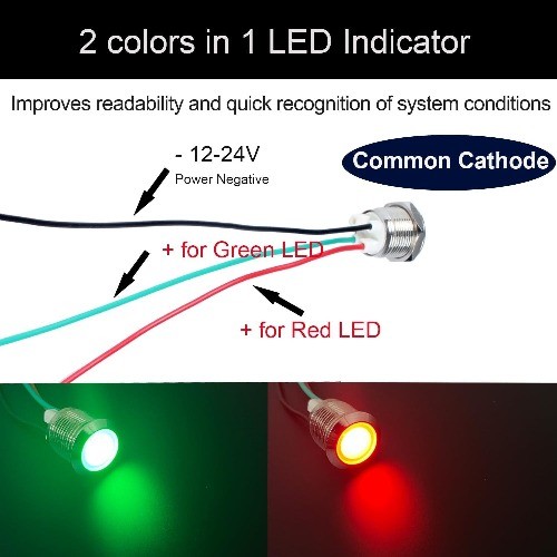 12V 24V Metal LED Indicator Lights 12mm Waterproof Common Cathode Dual Color