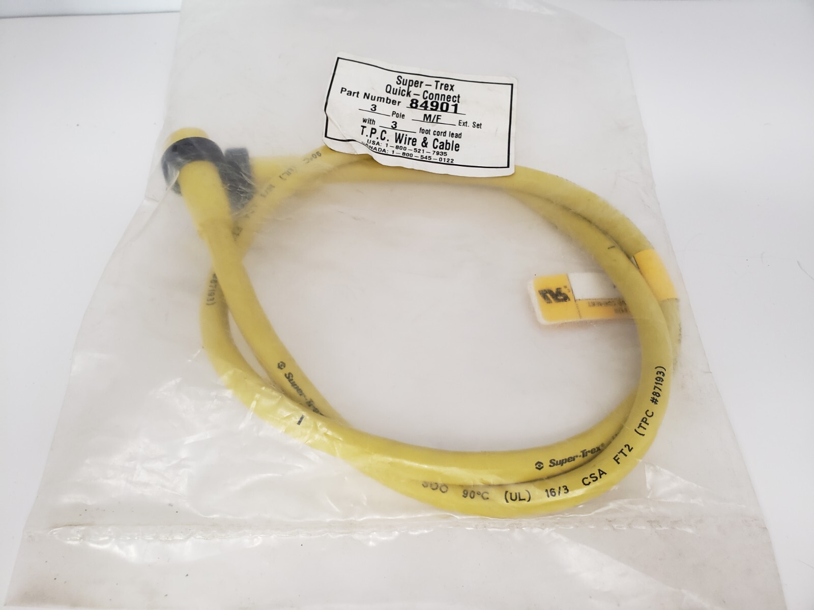 TPC SUPER-TREX 84901 CORDSET 3 POLE MALE/FEMALE QUICK DISCONNECT NIB