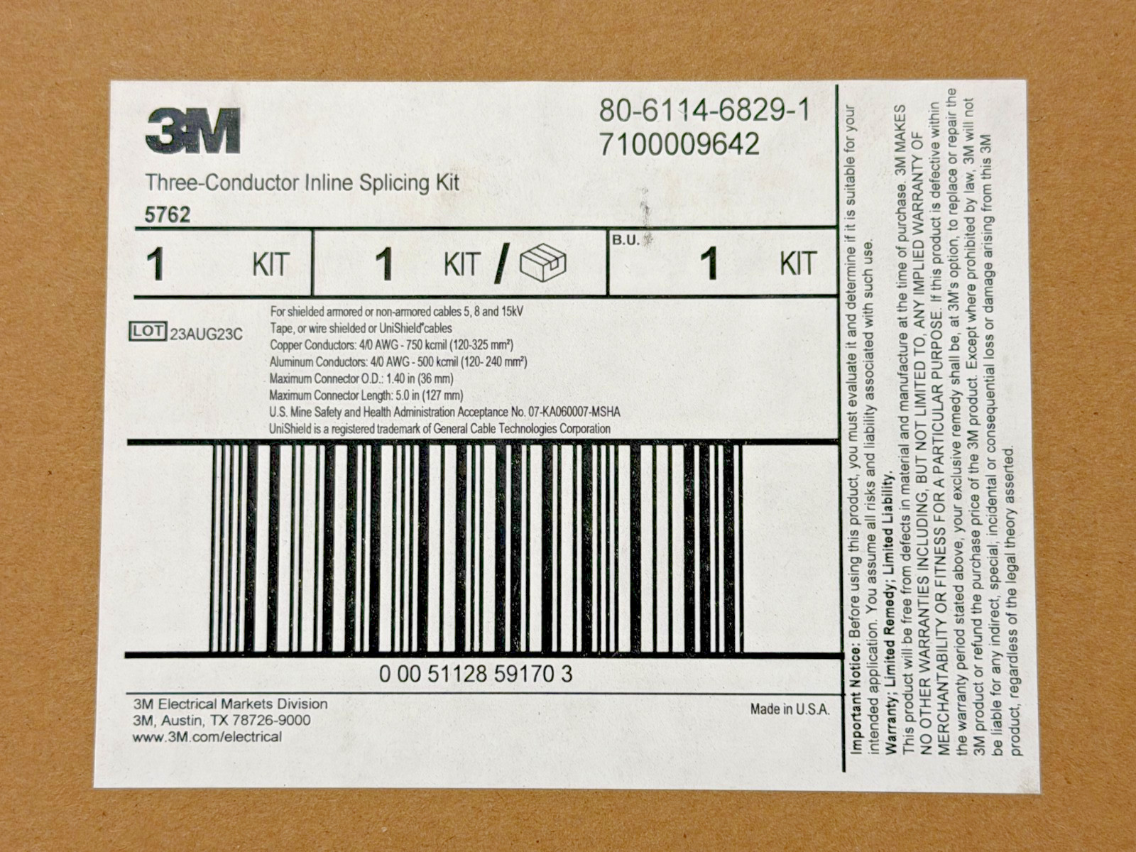 NEW 3M 5762 7100009642 3 Conductor In-line Splice kit, includes (18) x 2131C