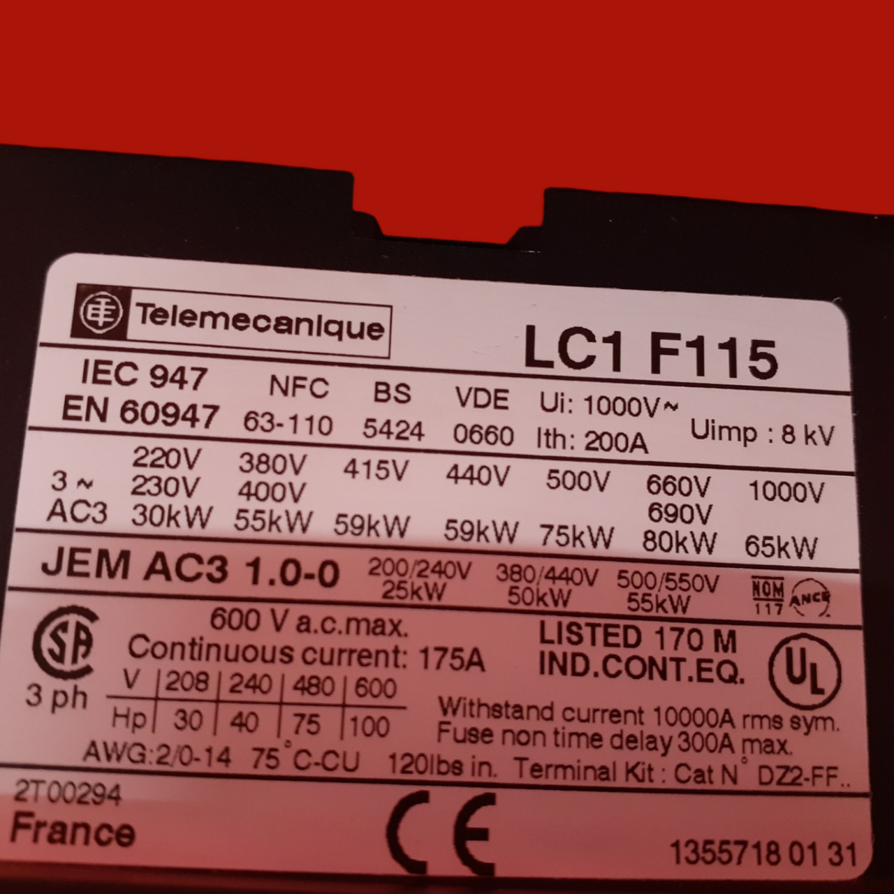 Square D Telemecanique Contactor, LC1F115