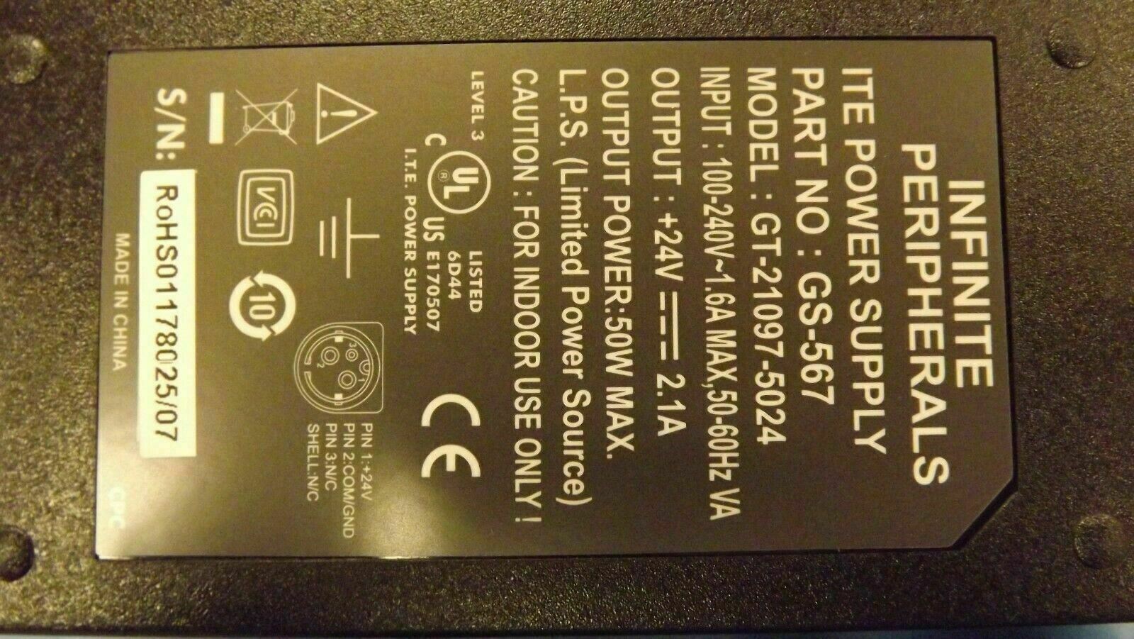 (1) GT-21097-5024 AC-DC Power Supply Adapter Charger W/ 6FT Power Cord