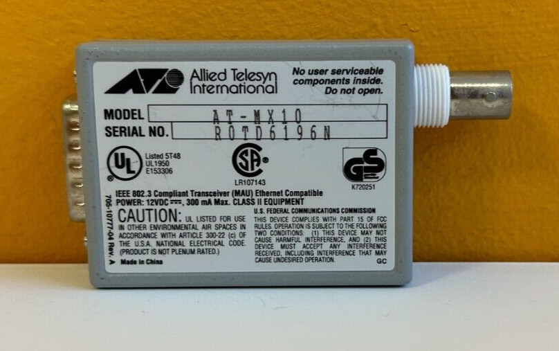 Allied Telesyn Intl. AT-MX10 10Base-2, MAU, CentreCOM Micro Transceiver. Tested!