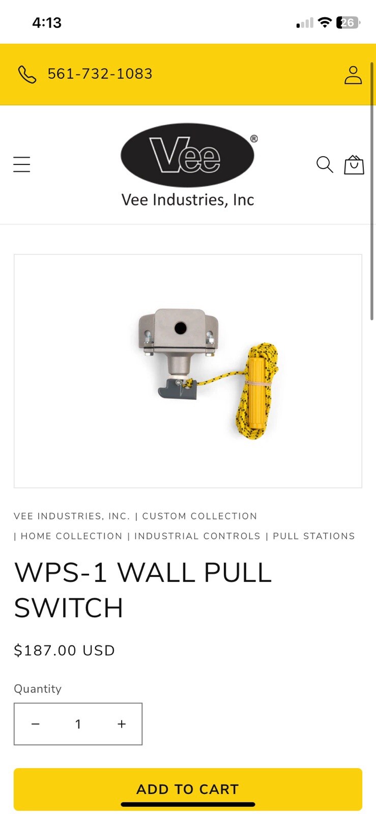 Vee Industries WPS1 PULL SWITCH COMES WITH PULL CORD WALL MOUNT 3-AMP 240VAC