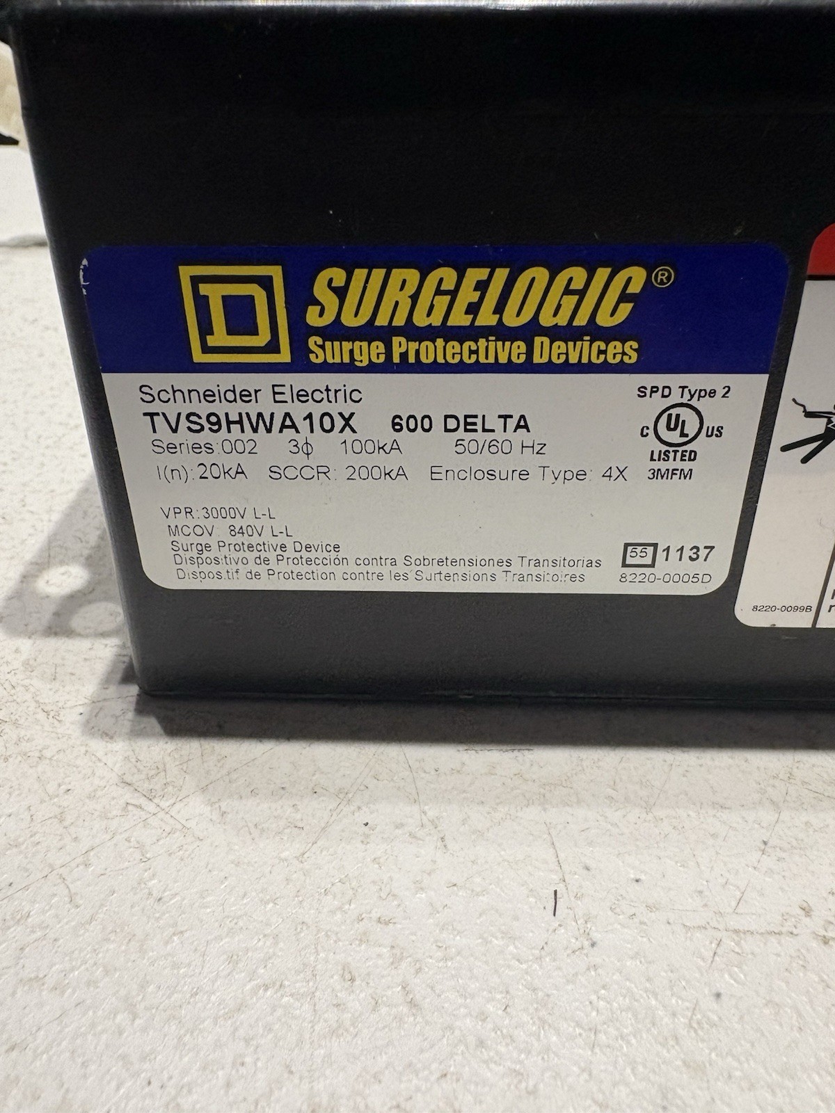 Square D TVS9HWA10X Surge Protection Device, 600V Delta, 100kA SURGELOGIC