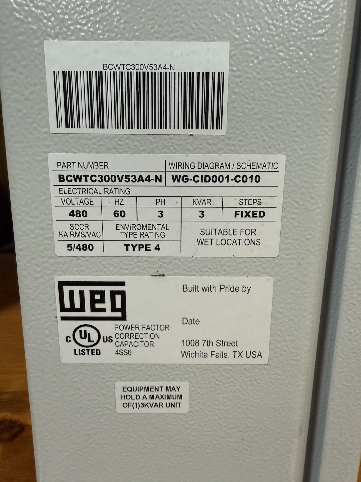 2 Available BCWTC300V53A4-N – Weg Power Factor Correction Capacitor