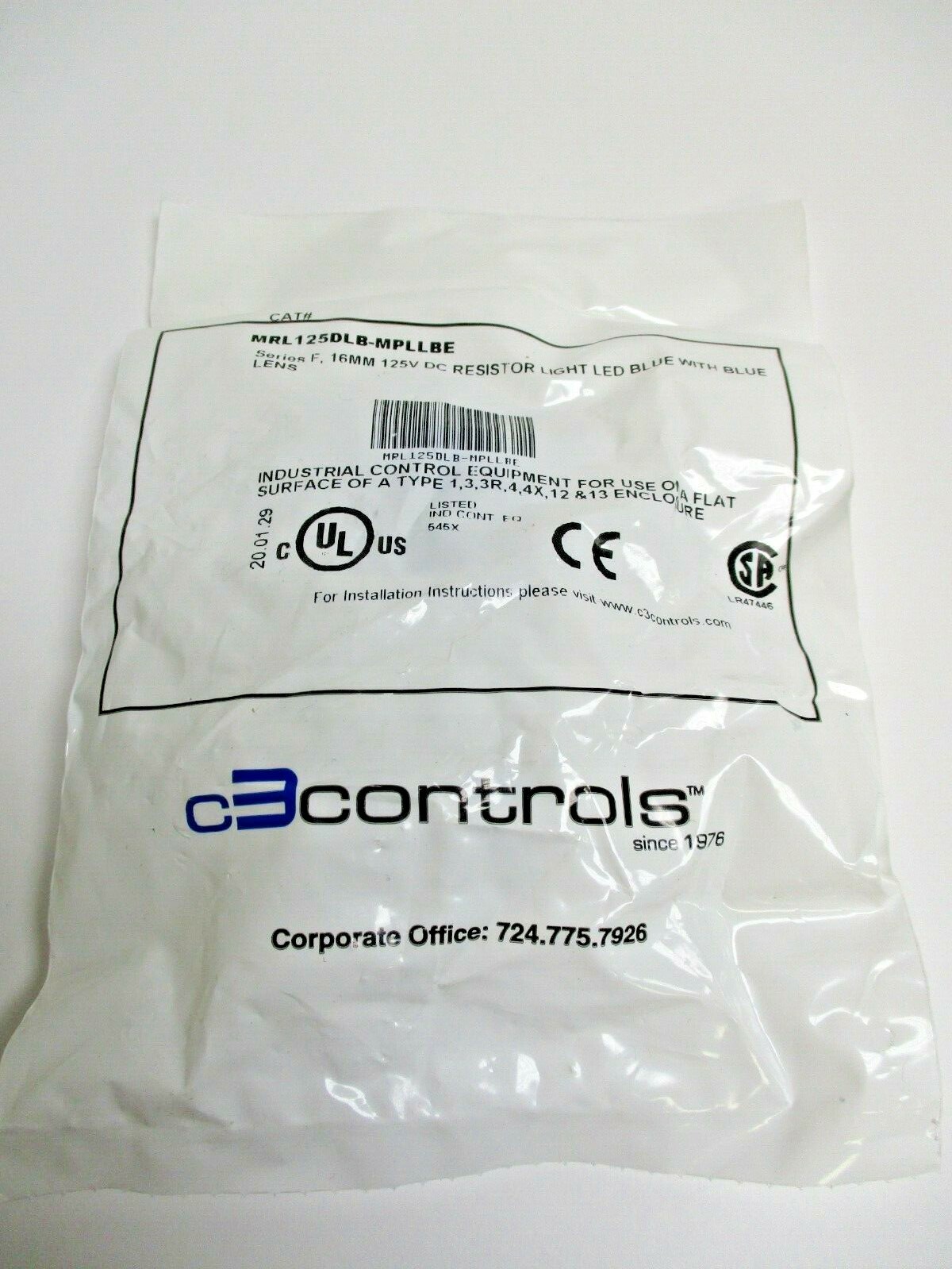 C3 CONTROLS, MRL125DLB-MPLLBE, 16MM DC RESISTOR BLUE LED LIGHT