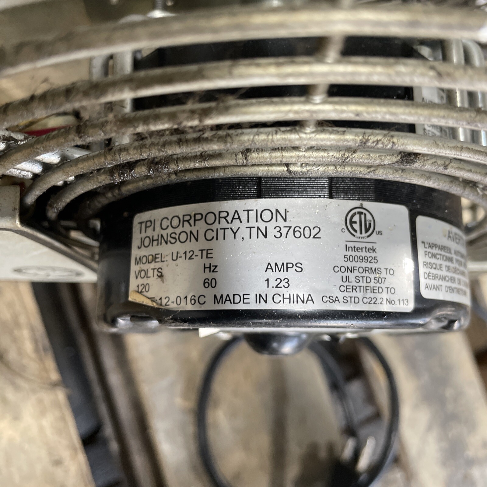 TPI Industrial Mounted Workstation Fan U-12-TE – B44p182w02 – 59188-001