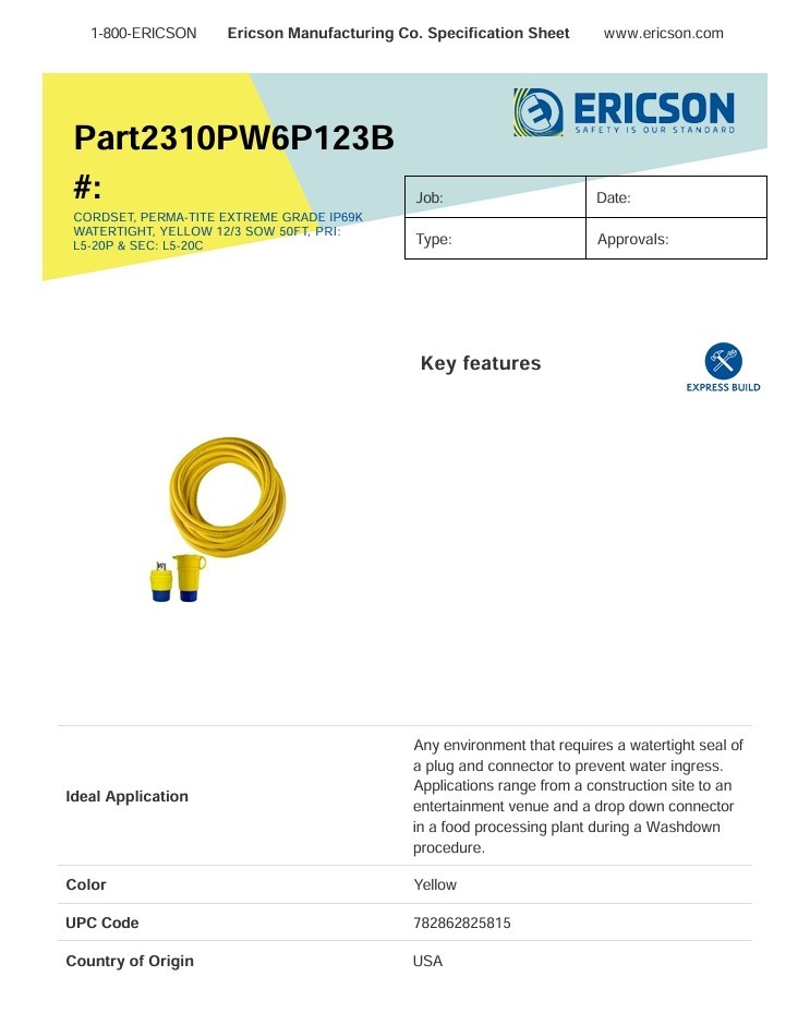 Ericson 2310PW6P123B Cord set IP69K WATERTIGHT 12/3 SOW 50FT L5-20P L5-20C NEW