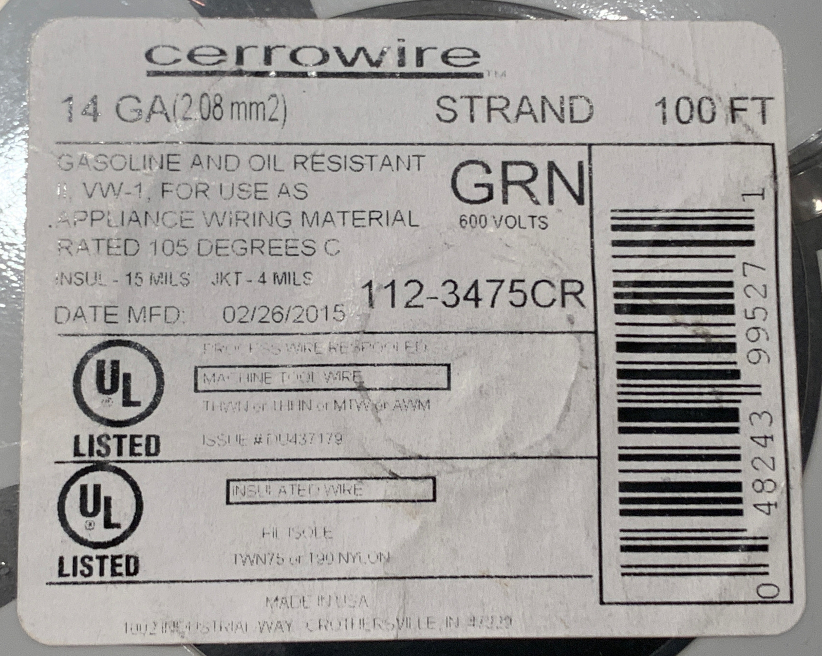 14 Gauge Stranded THHN Wire, 600V, 100 Foot Length, Green. CERROWIRE. NEW