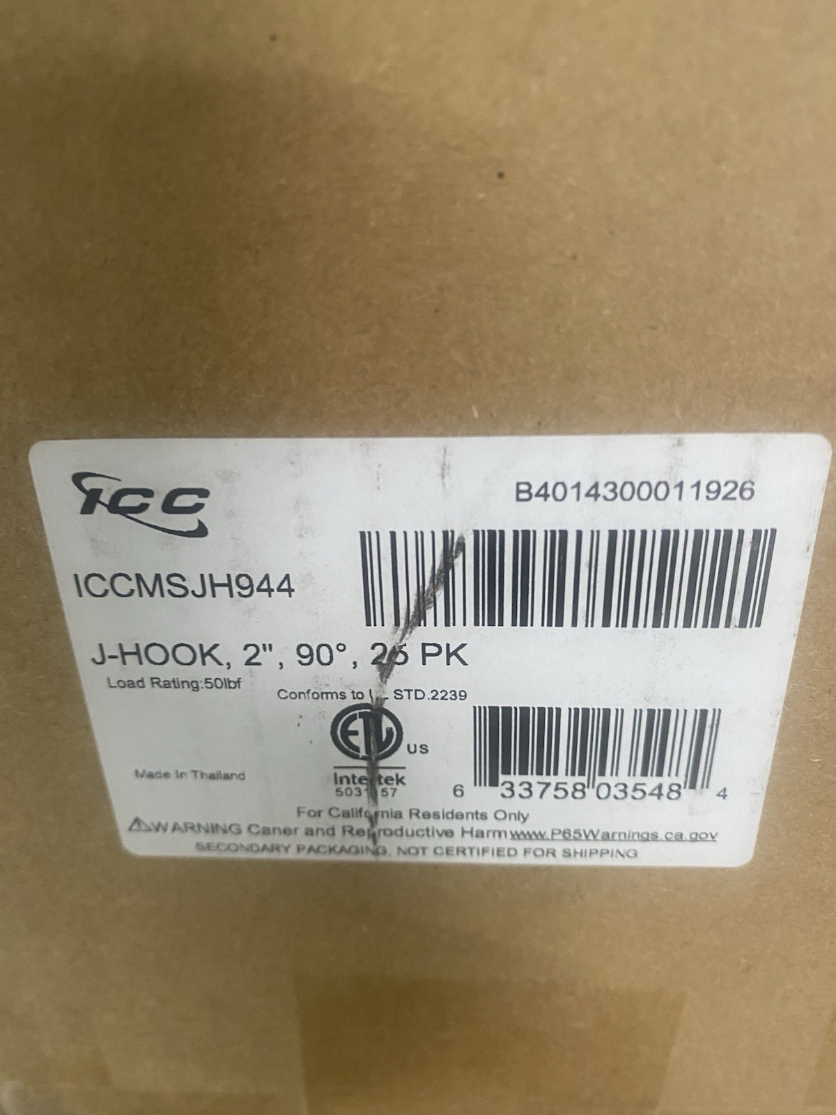ICC ICCMSJH944 J-hook 2 in 90° Silver 25 PK Support For Cables