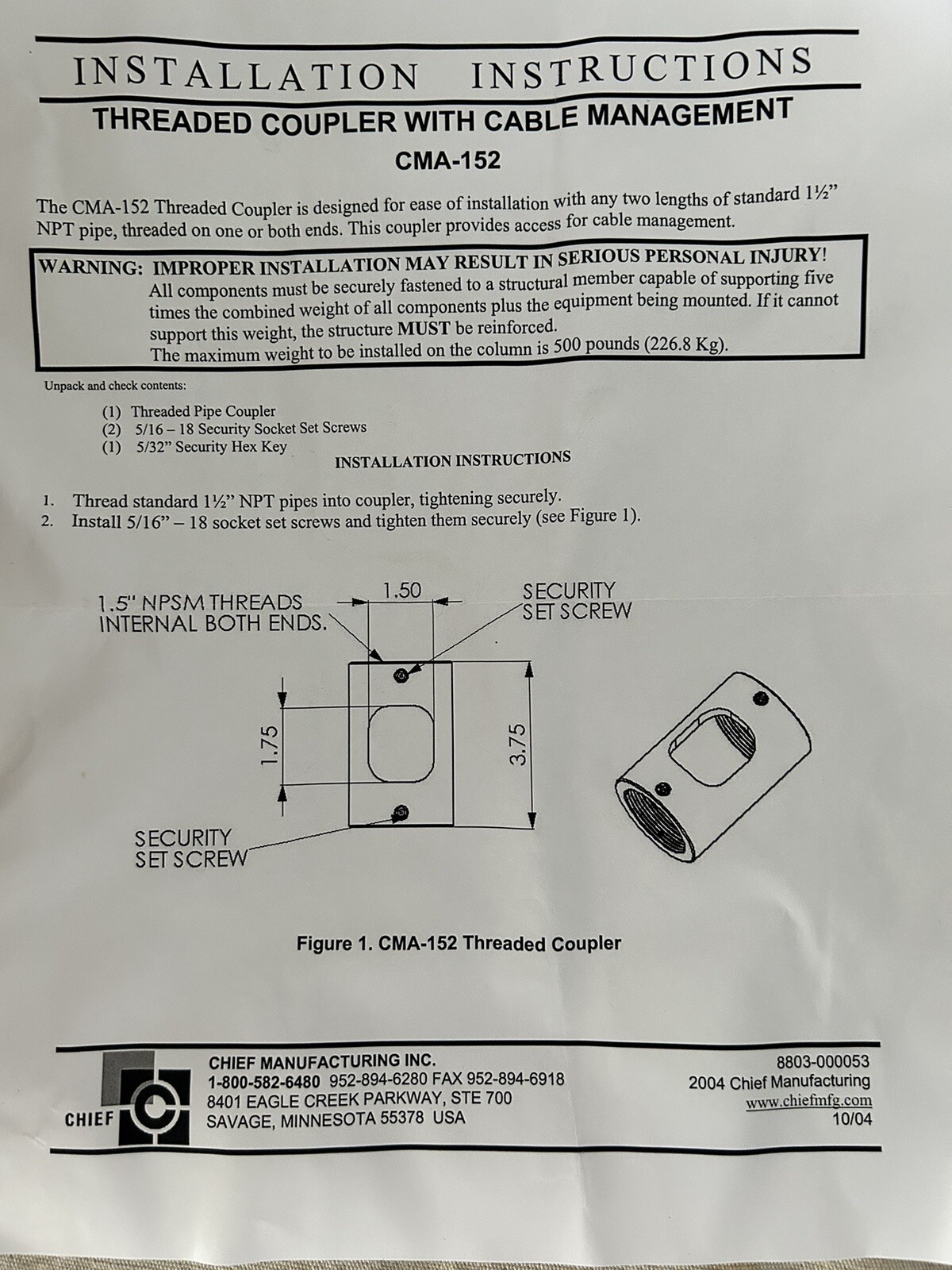 Chief CMA152 1.5″ NPT Coupler With Cable Access Feature (G93) LOT 13 Count