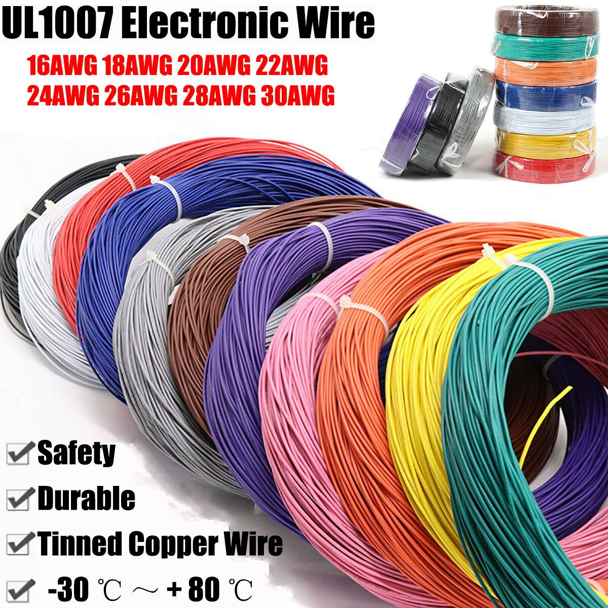 16AWG to 30AWG PVC Flexible Electronic Wire Stranded Cable UL1007 11 Colors