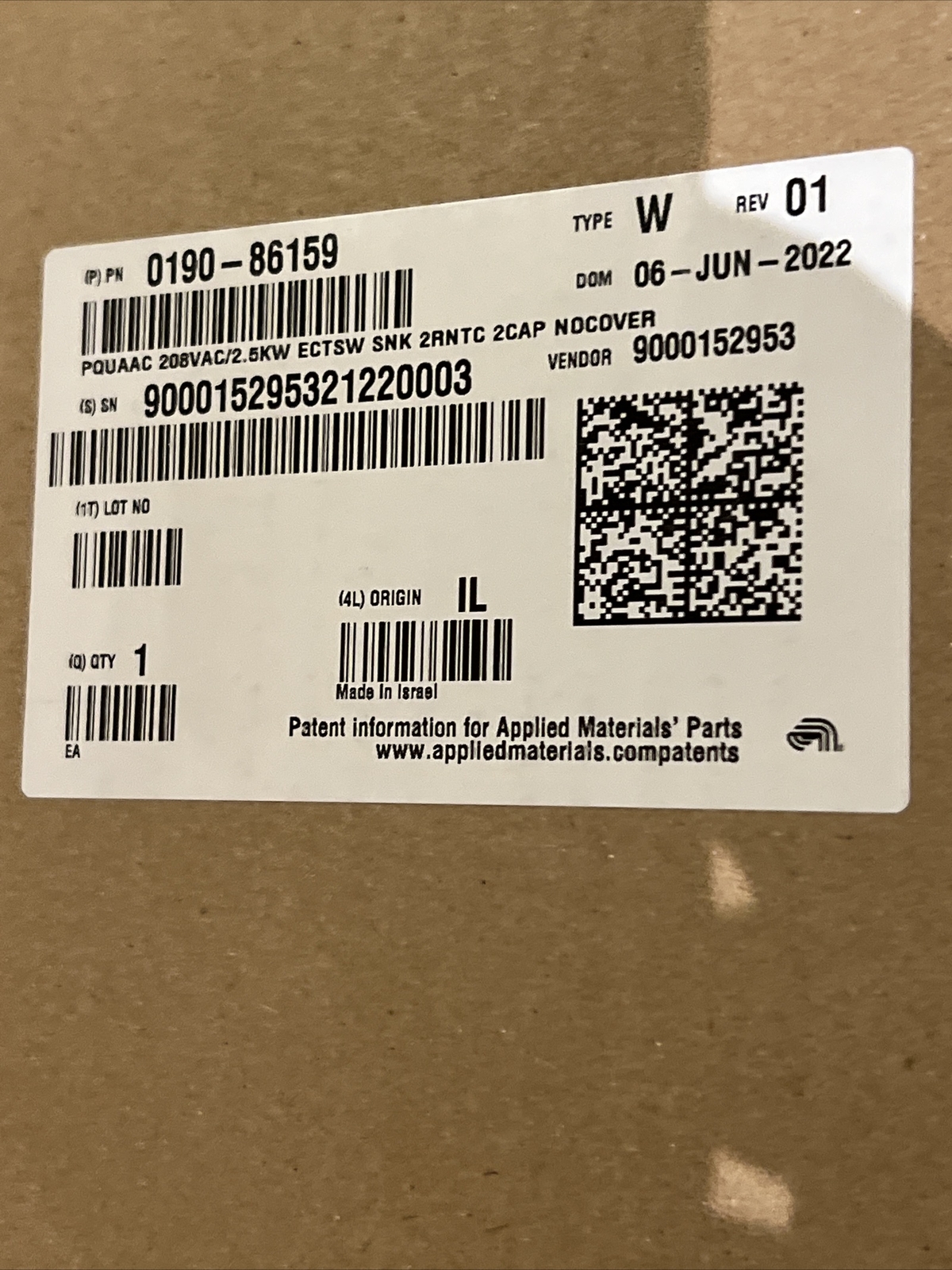 APPLIED MATERIALS PN:0190-86159 type:W 208VAC 3PH 1PH 50/60Hz PQUAAC NEW.
