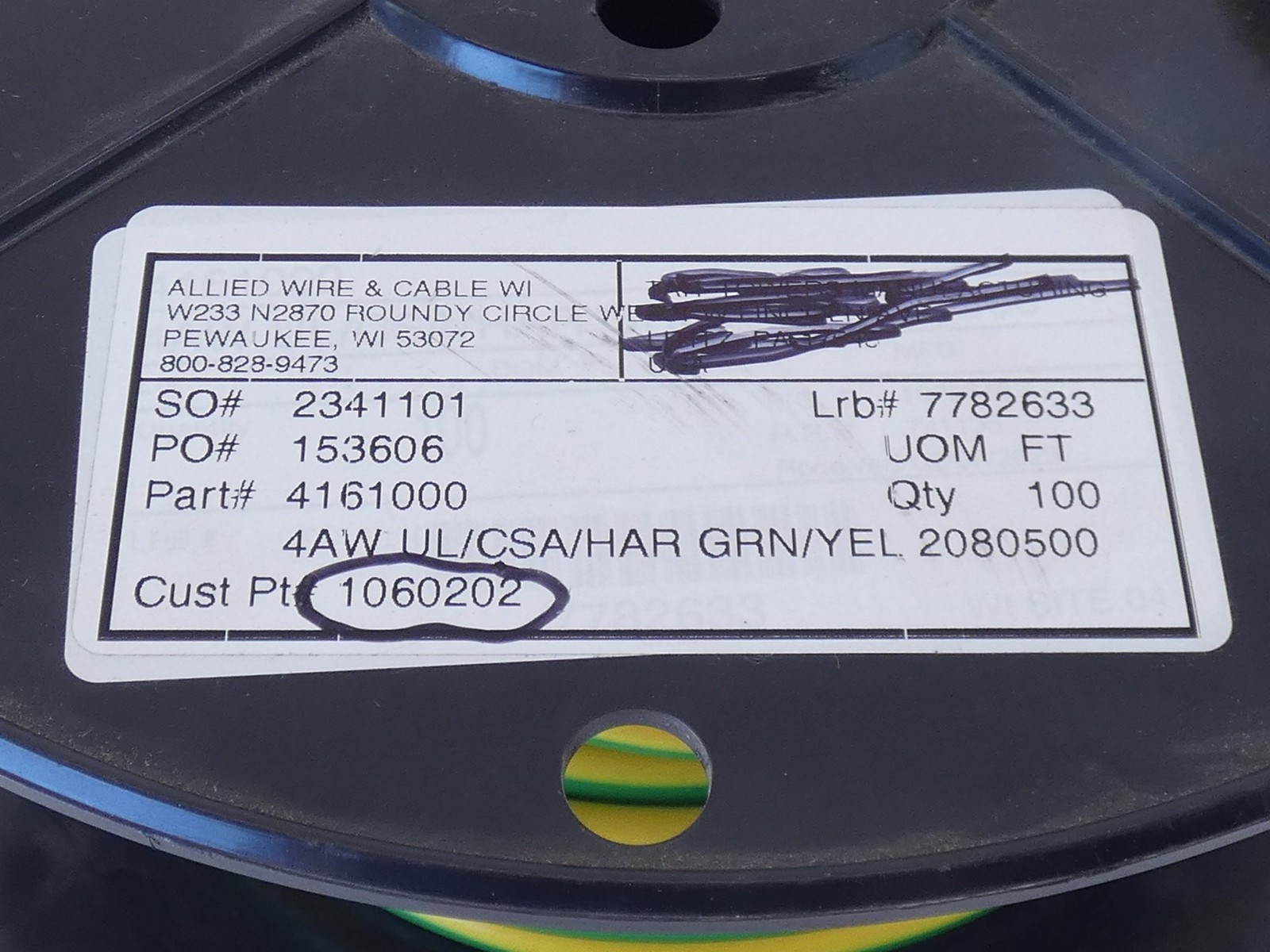 Allied Wire 4161000 Cable 4AWG GRN/YEL Lapp H07-K VW-1 600V – NEW Surplus!