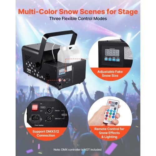 1500W Snow Machine with RGB DMX512 Signal Control, 9 LED Lights, Wireless Remot