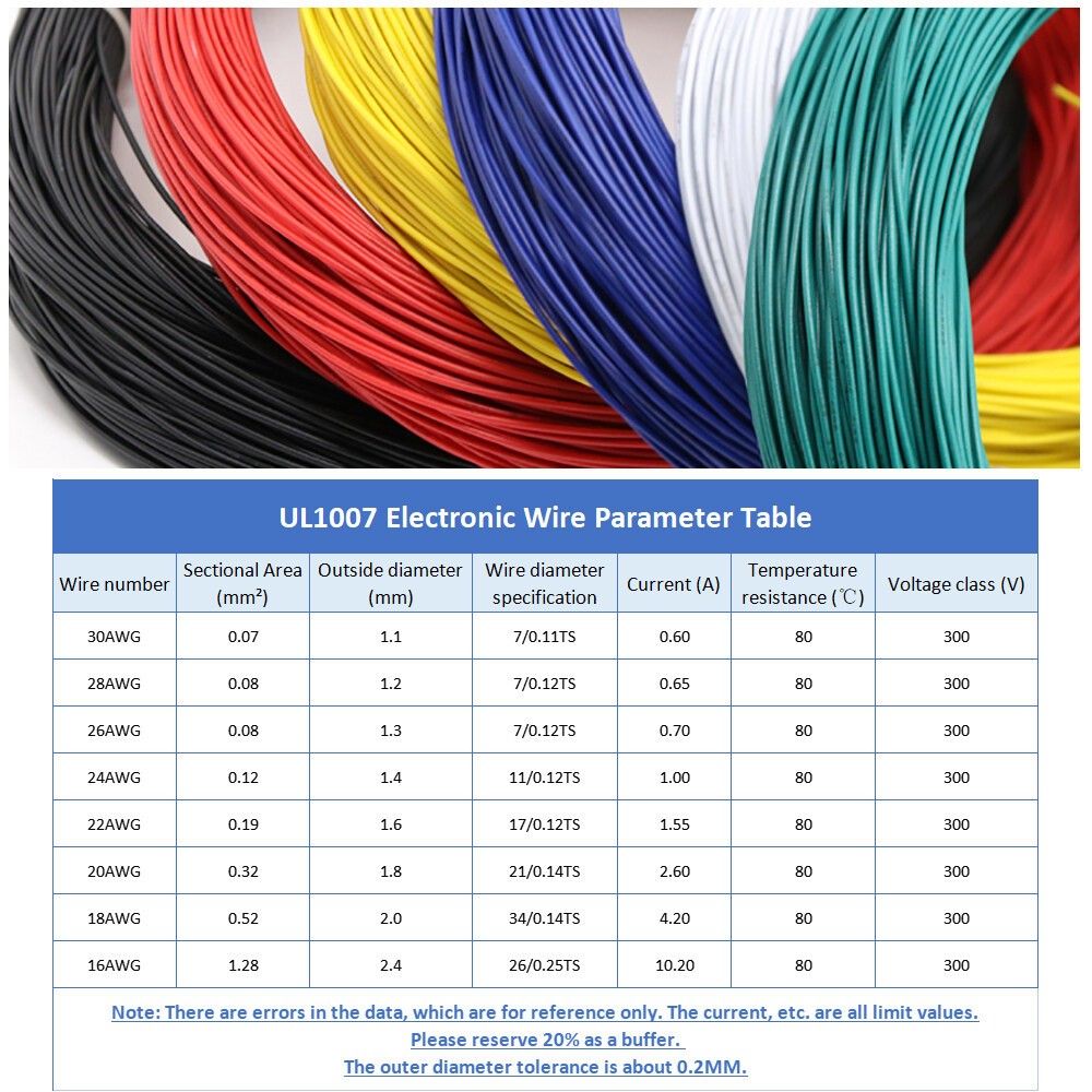16 AWG~30 AWG Flexible Electronic Wire UL1007 Stranded Cable 12 Colors 300 Volt