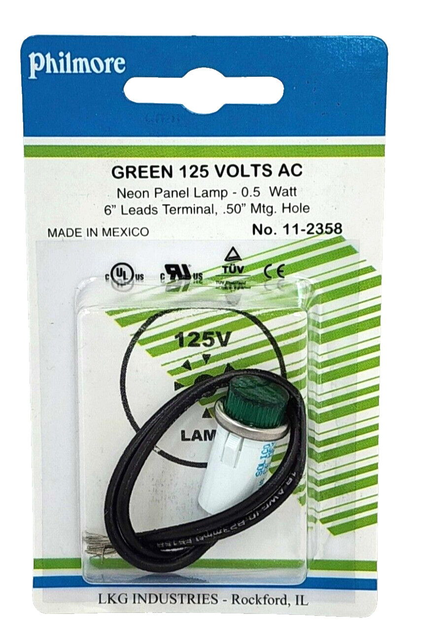 (1x) 125VAC – 1/2″ Green Neon Panel Mount Indicator – 1/3W – 6″ Leads – 11-2358