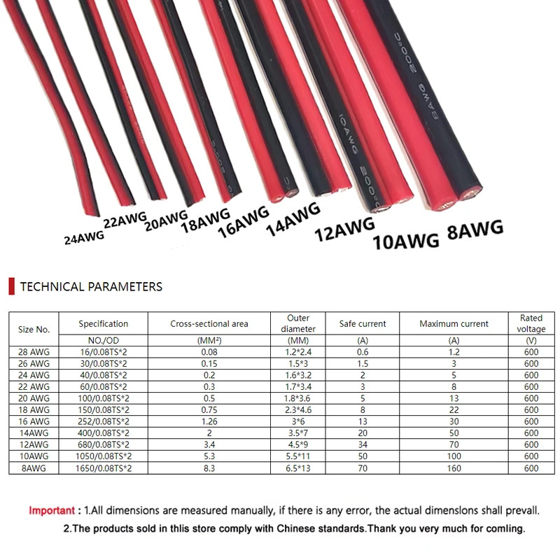 Super Soft Silicone Wire 2Pin Red Black 8-28AWG High Temp Tinned Copper Cable