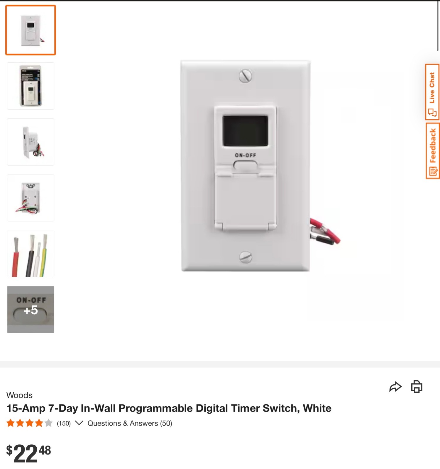 Woods 15-Amp 7-Day In-Wall Programmable Digital Timer Switch, White (6pack)