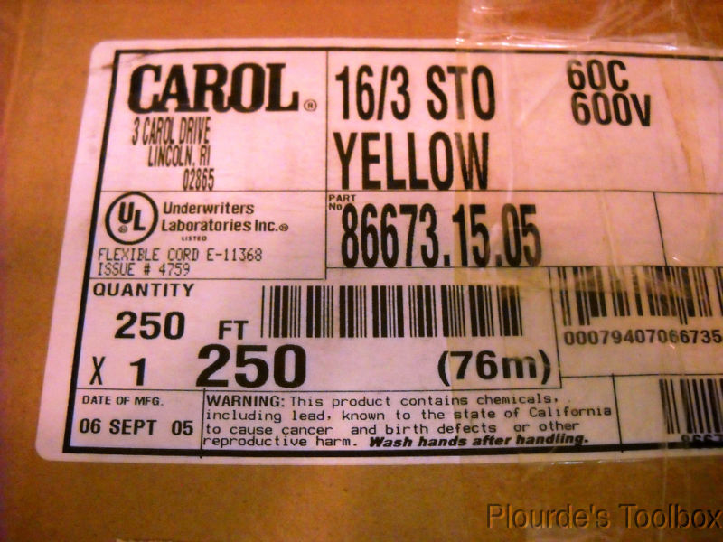 New Carol Cable 250′ Spool Portable Power Cord, 3 Wire, 16AWG, 600V, 86673.15.05
