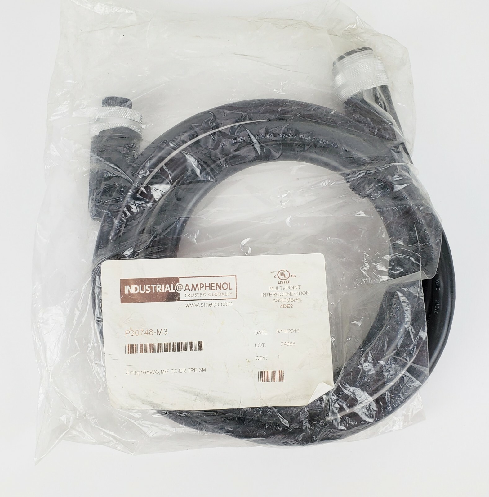 AMPHENOL P30748-M3 4 PIN, 10AWG, M/F, TC-ER, TPE 3M CABLE / CONNECTOR, NEW!