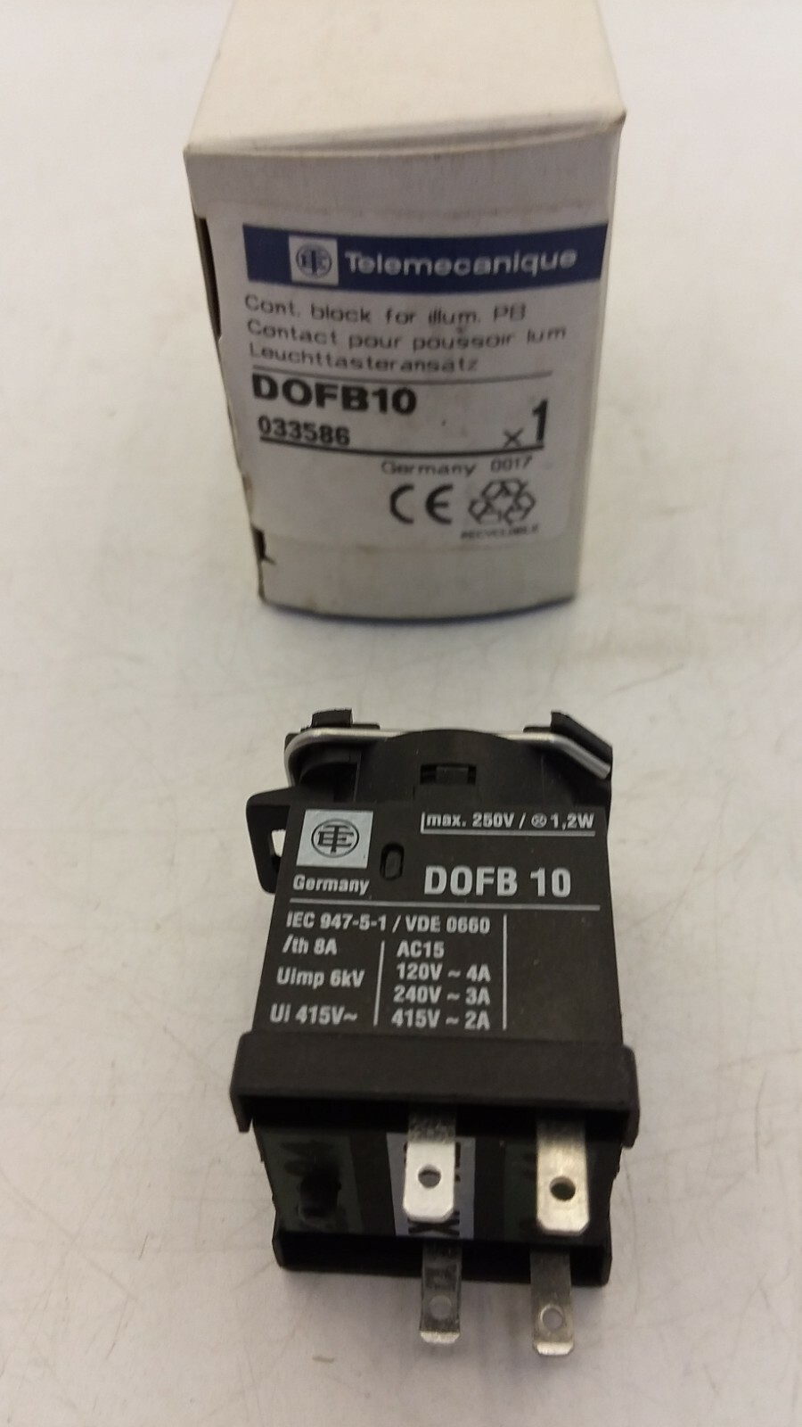 TELEMECANIQUE 9001-DOFB10 CONTACT BLOCK FOR ILLUMINATED PUSH BUTTON 250V MAX NIB