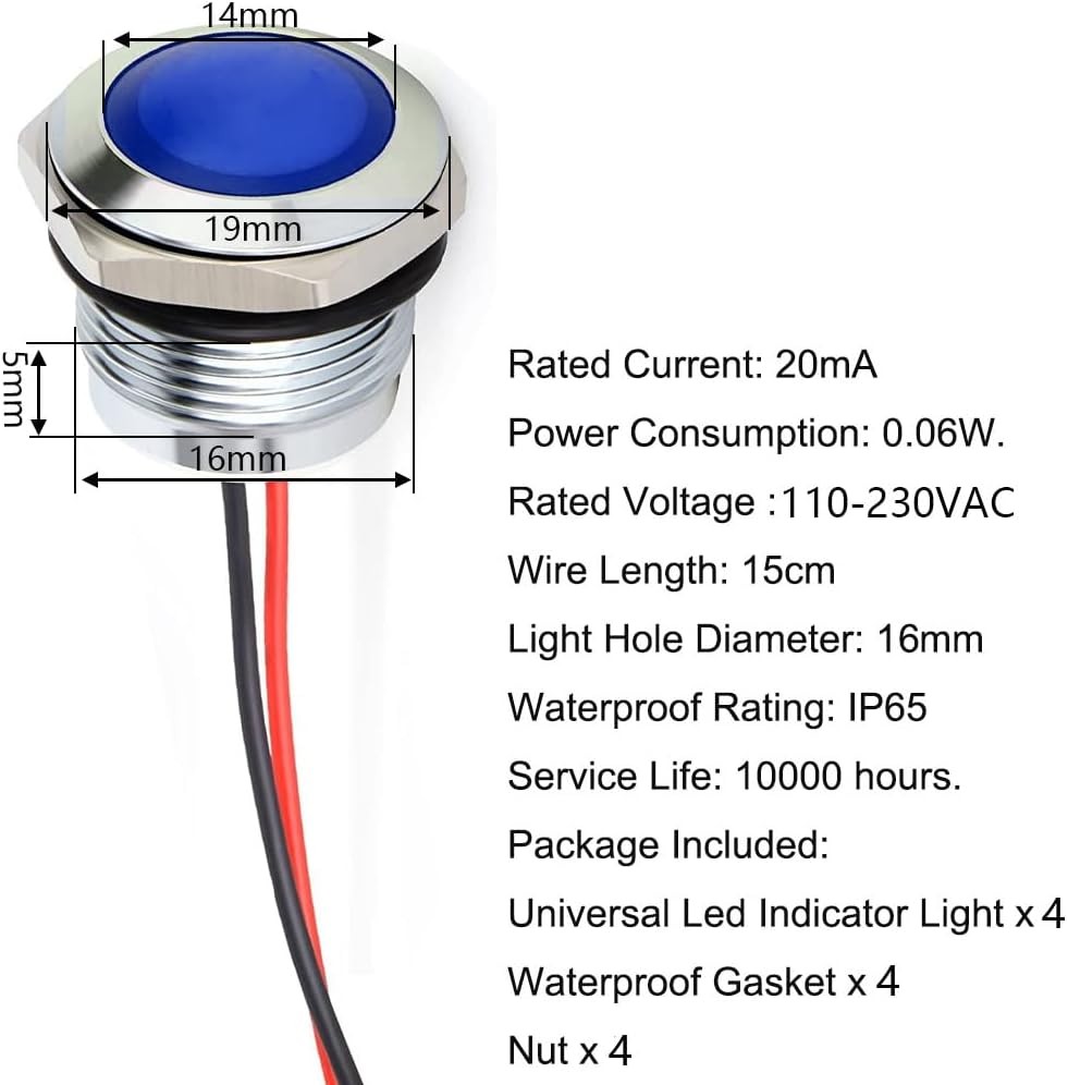 4PCS 110V 20mA Energy Saving Metal Indicator Light Waterproof Indi Color: Blue