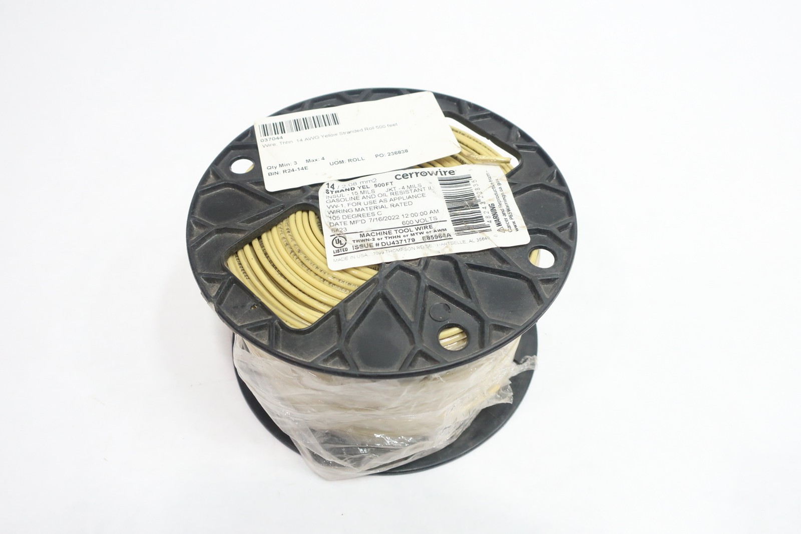 Cerrowire E85964A Machine Tool Yellow Stranded Wire 500ft 14awg