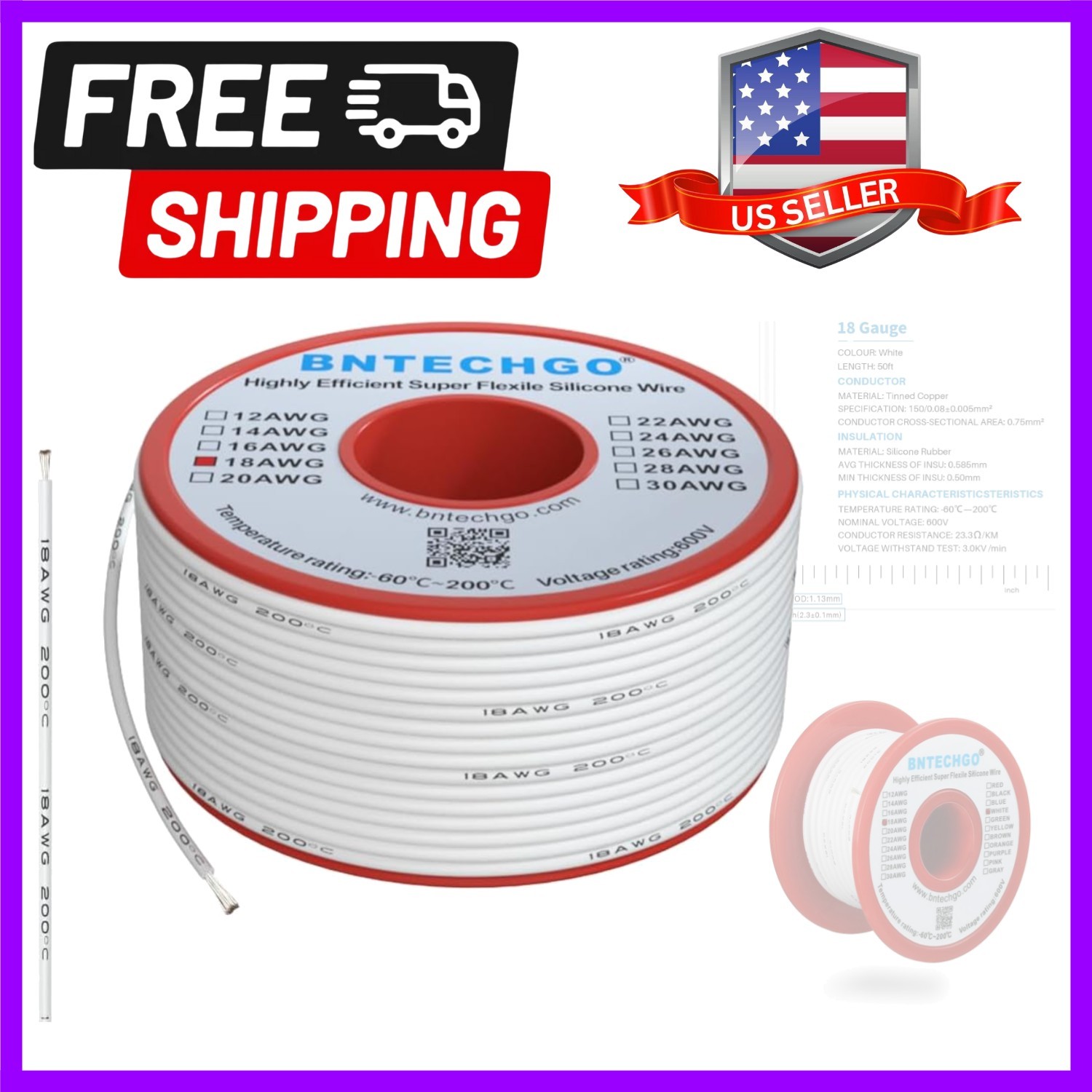 18 Gauge Silicone Wire Spool 50 ft White Flexible 18 AWG Stranded Tinned Copp…
