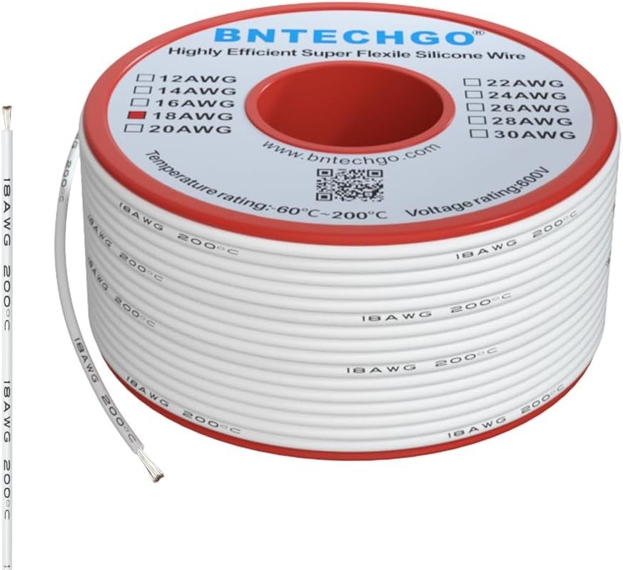 18 Gauge Silicone Wire Spool 50 ft White Flexible 18 AWG Stranded Tinned Copp…