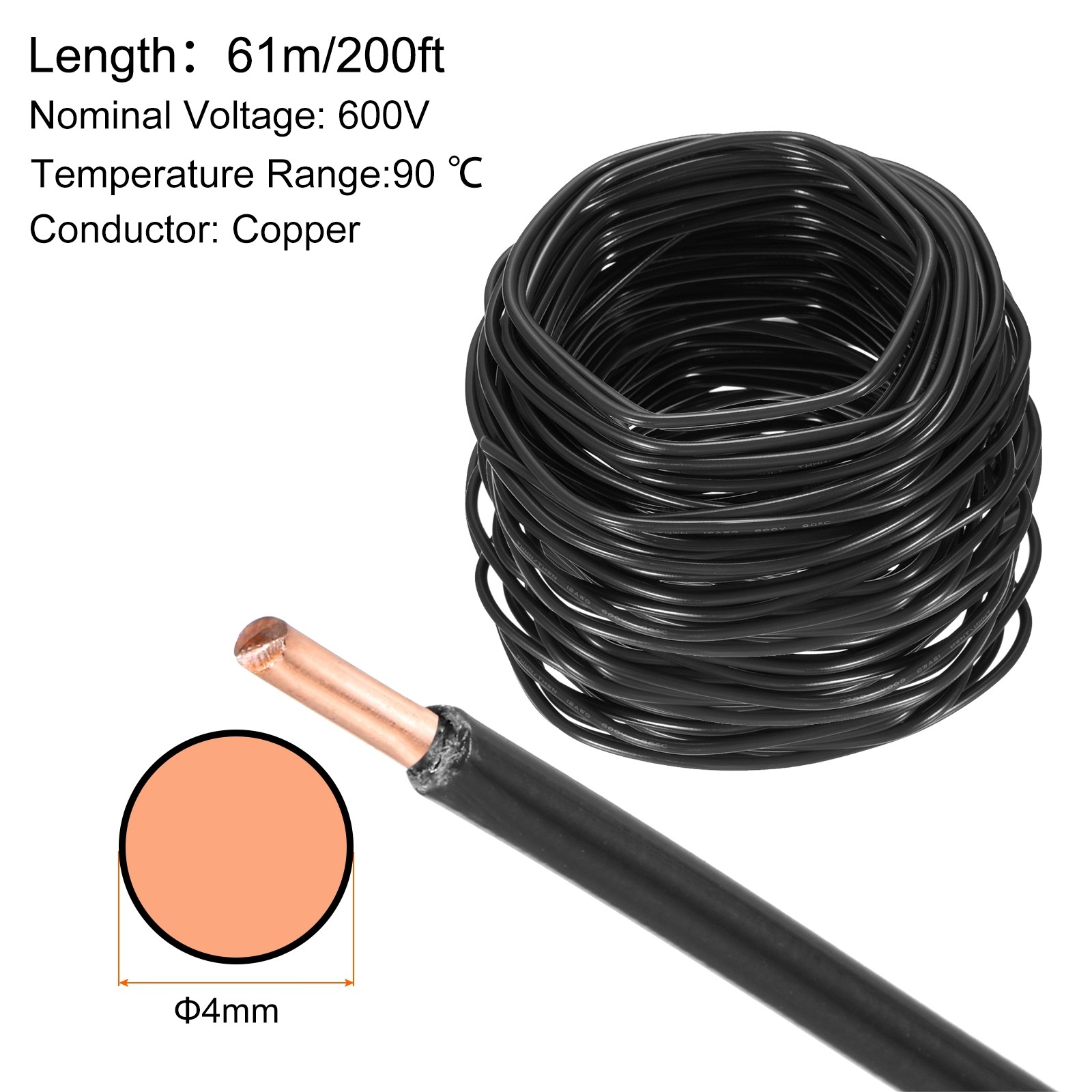 200 Feet Electrical Wire Insulated Solid Copper 12AWG Hook Up Wire Cable, Black