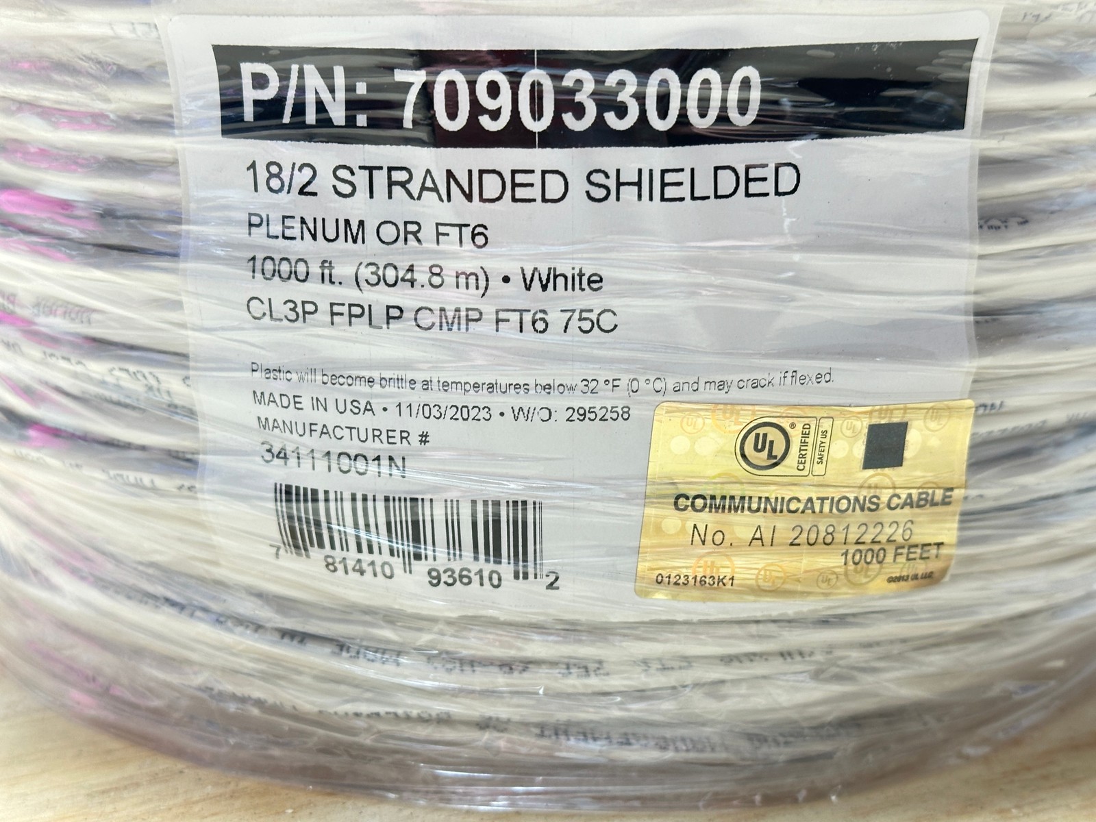 1000ft 18/2 Stranded Shielded Plenum FT6 White Cable Wire CL3P FPLP CMP USA