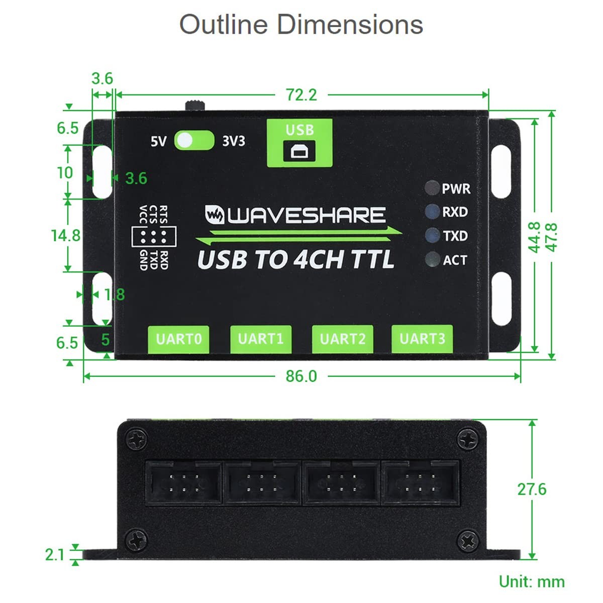 Waveshare 2PCS Industrial USB to 4CH TTL Converter for USB to UART Multi Prot