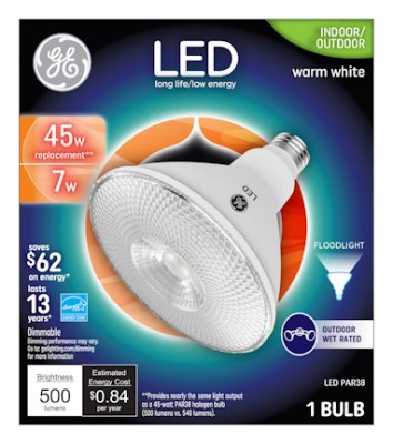 LED Floodlight Bulb, Bright White, Clear, Par38, 500 Lumens, 7 Watt – 38460