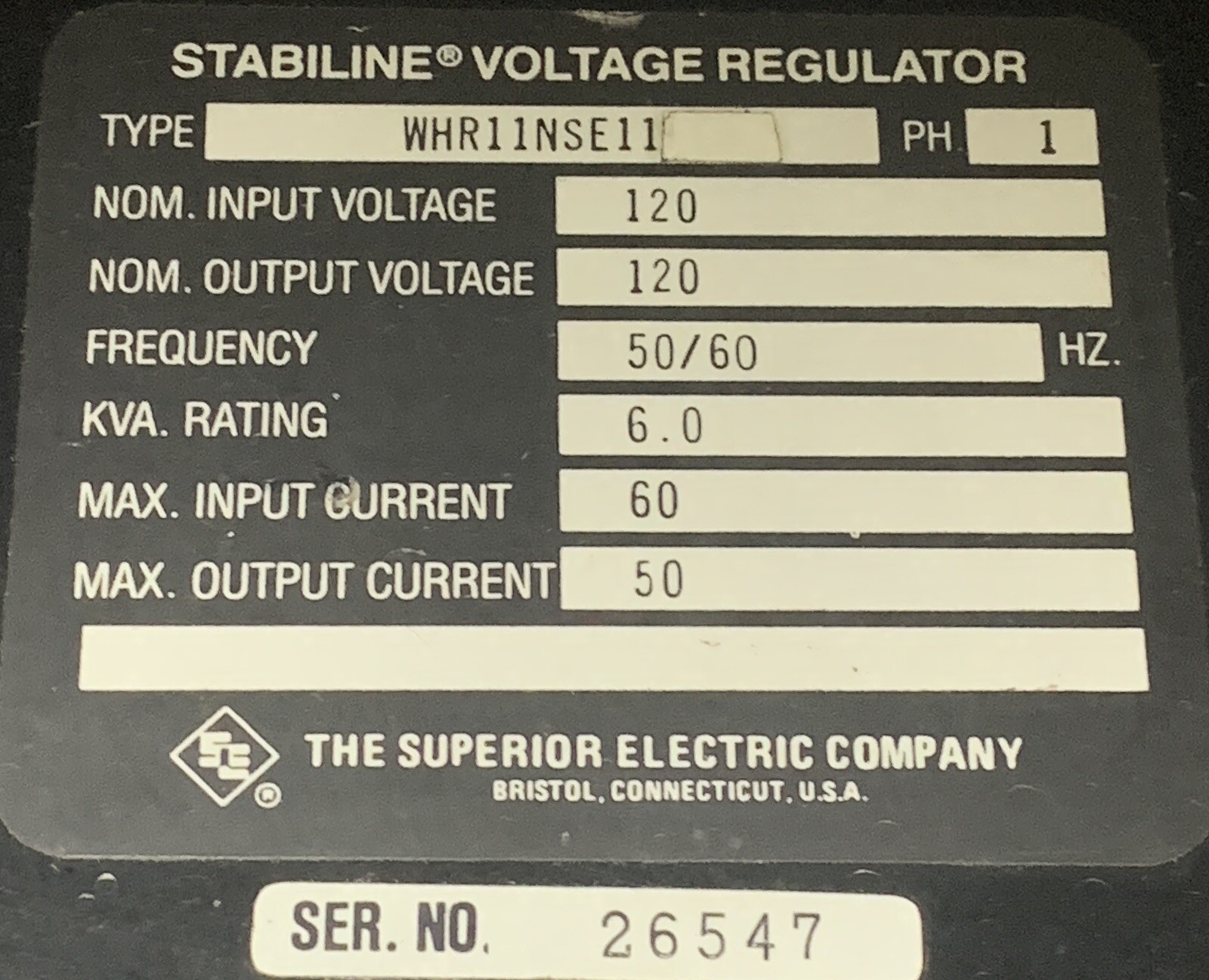 Superior Elec Stabiline WHR11NSE11 Automatic Voltage Regulator 120V 6kVA 50A