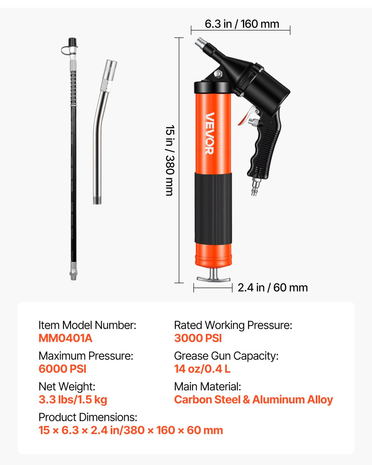 VEVOR High-Pressure Grease Gun Kit – 6000 PSI Heavy Duty Pistol Grip