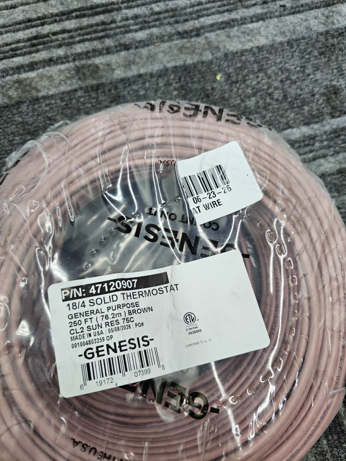 Genesis 47120907 18/4 Solid Thermostat Wire 250ft Solid Copper Cable Brown