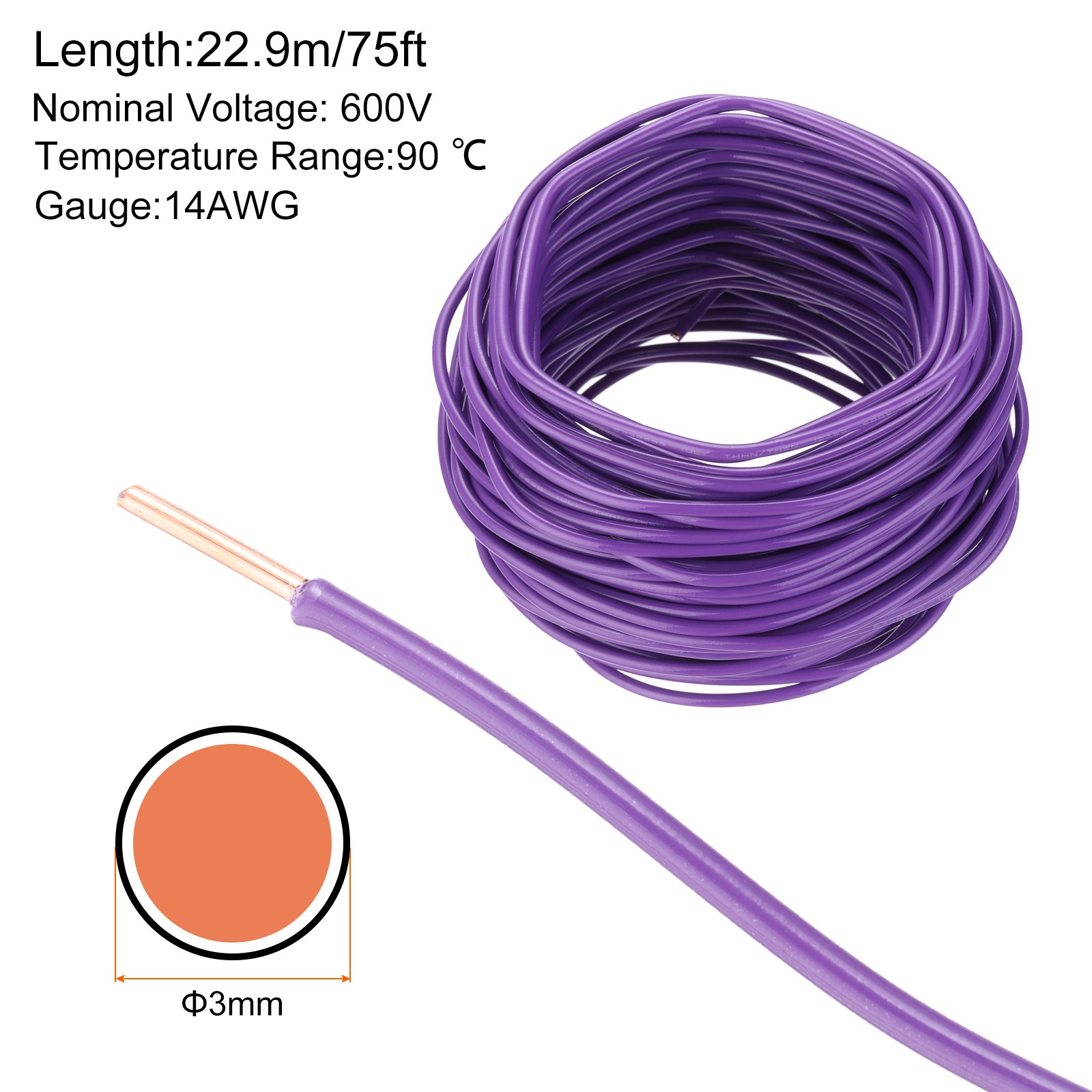 75 Feet Electrical Wire Insulated Solid Copper 12 AWG THHN Wire UL listed,Purple